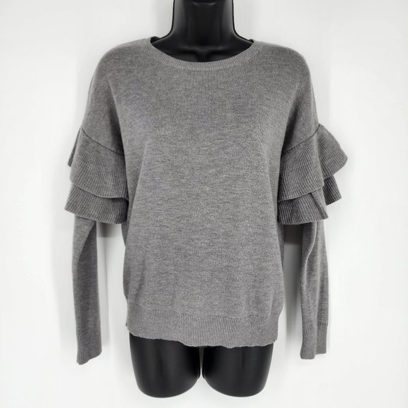 Banana Republic Factory Sweater XS Grey Long Ruffle Sleeve Crew Neck Wool Blend - Picture 1 of 9